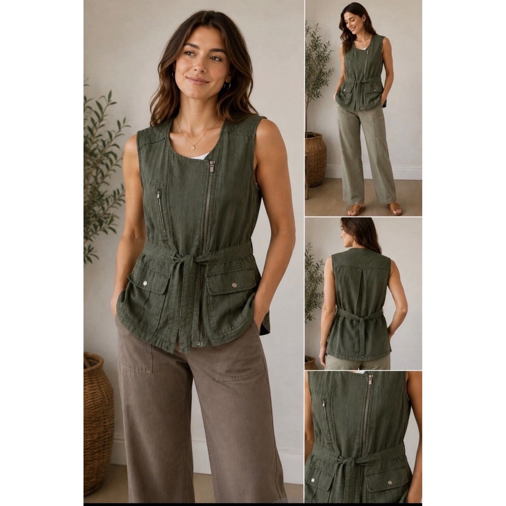 Athleta Olive Green 100% Linen Utility Vest Womens Medium Asymmetric Zip Cargo